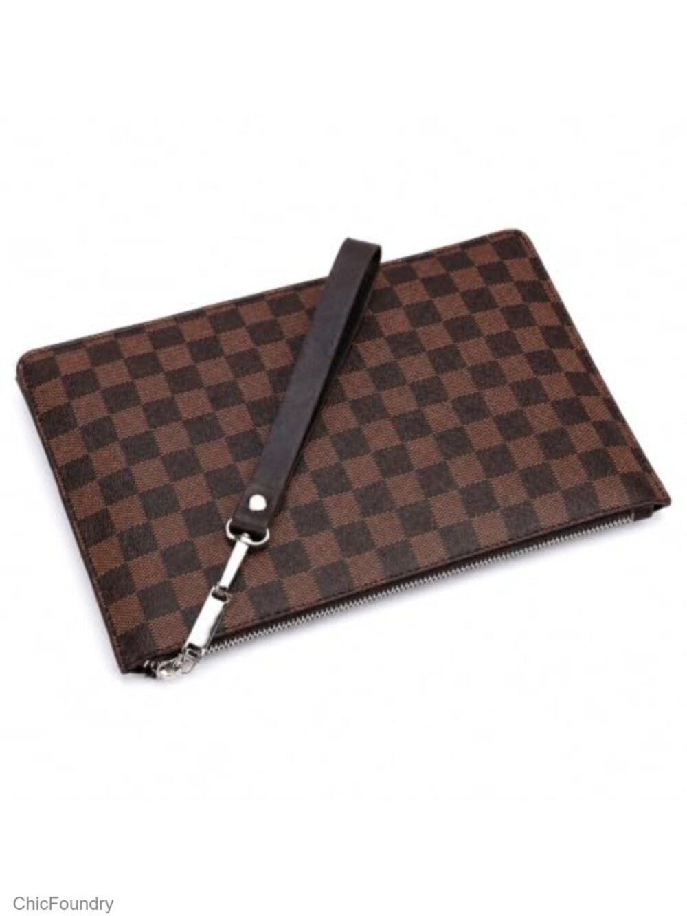 PU Leather Checkered Clutch Bag Slim Business Document Holder Wrist Strap